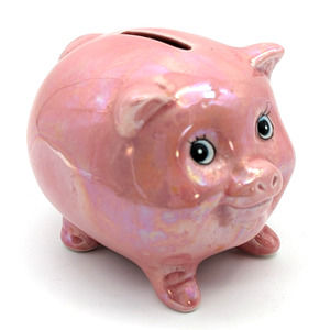 Mid Century Pink Piggy Bank Lusterware Anthropomorphic Coin Bank